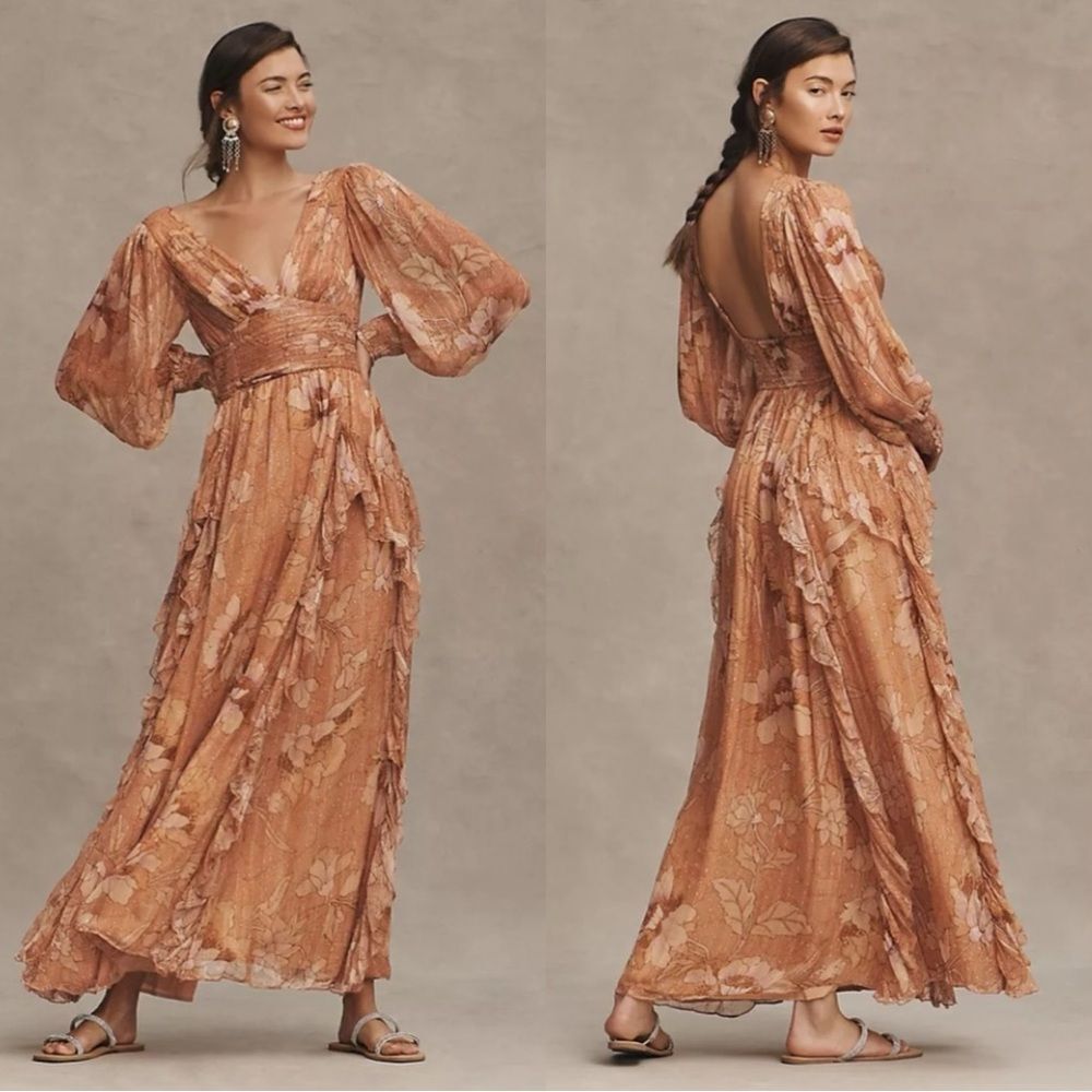NW Anthropologie BHLDN V-Neck Long-Sleeve Printed Chiffon Gown Dress